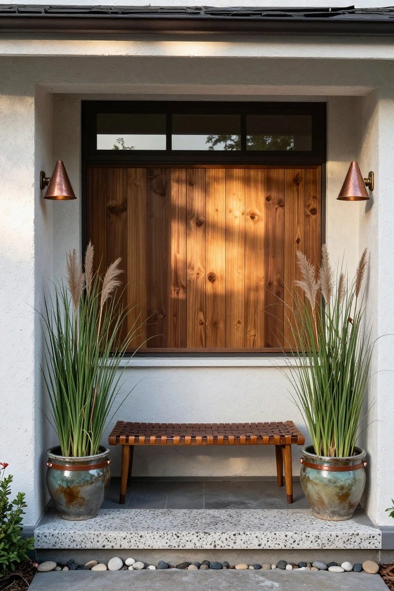 Recessed front entry of a house with white stucco walls, vertical wood-paneled door and transom window, copper sconces, potted pampas grass flanking a leather bench on stone steps, and pebble ground cover.