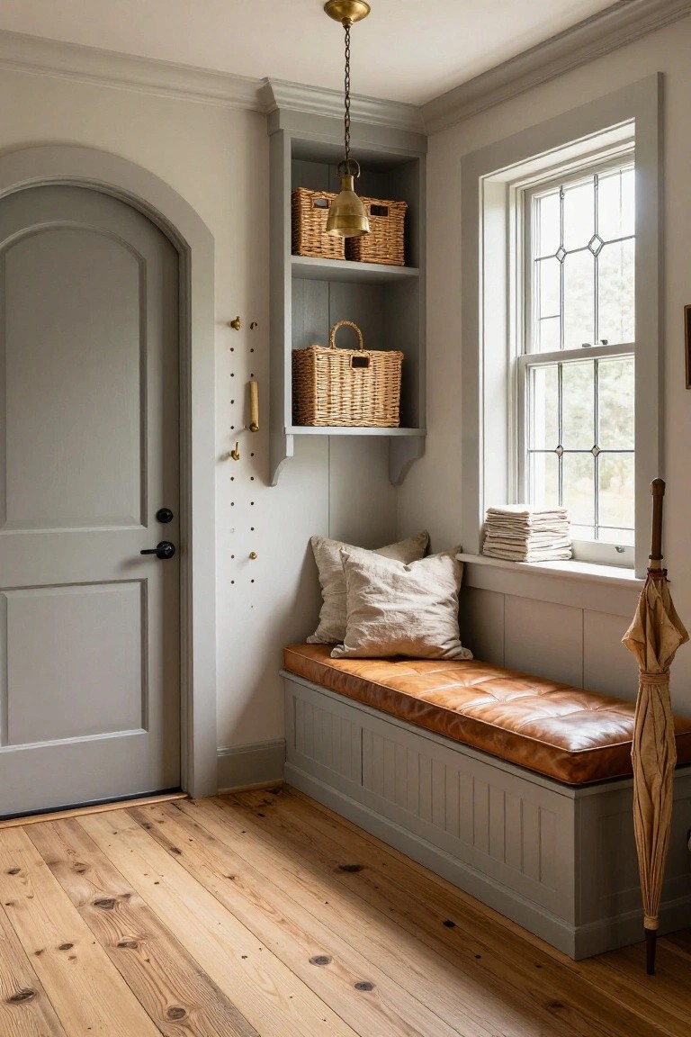 Gray arched door next to a built-in gray paneled bench with tan leather cushion under a leaded glass window, wicker baskets on open shelves, brass wall hooks, stacked linens on windowsill, umbrella leaning nearby, and wide plank wood floors.