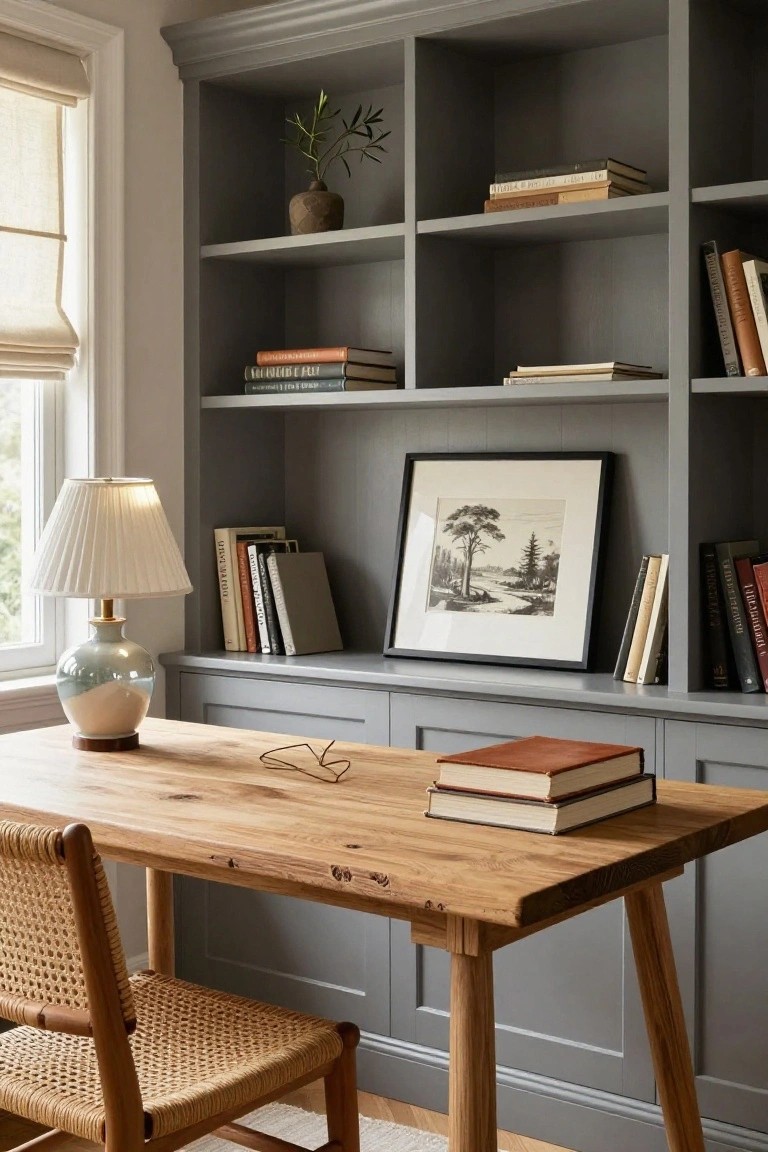 A cozy home study with tall gray built-in bookshelves and cabinets framing a rustic wooden desk topped with stacked books and glasses, lit by a ceramic table lamp, with a rattan chair nearby.