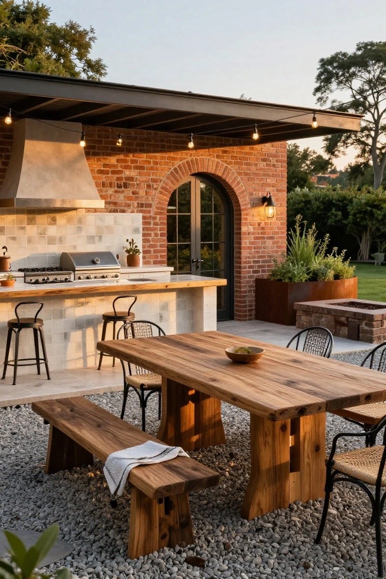Covered outdoor patio with built-in kitchen featuring gas grill on wood countertop, white tile backsplash, black bar stools, adjacent large wooden trestle dining table with benches and wicker chairs, brick wall with arched door, string lights, fire pit, and gravel ground.
