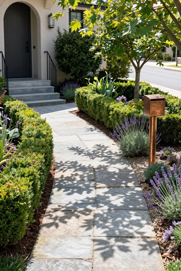 Curved gray stone pathway edged with clipped green boxwood hedges and purple lavender plants leading to an arched black door on a beige stucco house, with a copper mailbox on a post nearby.