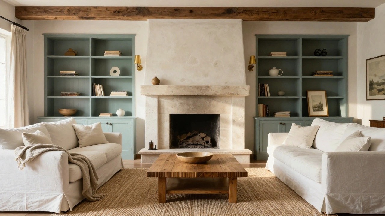 Living room interior with white stone fireplace and burning logs, white slipcovered sofa, wooden coffee table holding a plate, seagrass rug, teal bookcase, exposed wooden ceiling beams, and framed landscape painting above mantel.