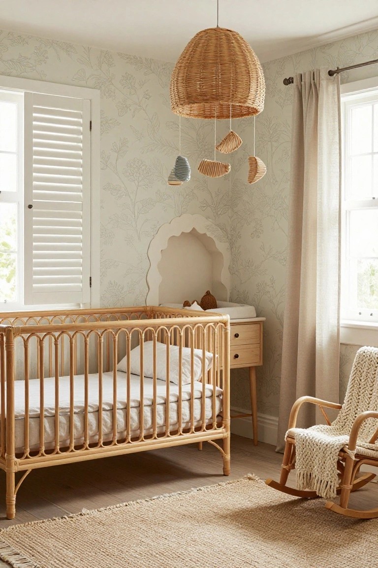 A nursery interior with a white rattan crib, matching changing table, woven hanging mobile from a rattan pendant light, cream rocking chair with knit throw, beige seagrass rug, and pale green wallpaper featuring line drawings of plants and scallops.