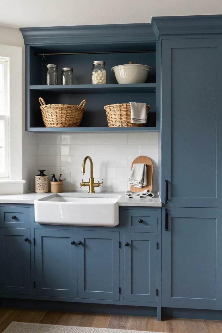 Laundry room with navy blue shaker cabinets, white farmhouse sink, brass faucet, white subway tile backsplash, open wood shelves holding jars, baskets, and dishes above the sink, and wood floors.