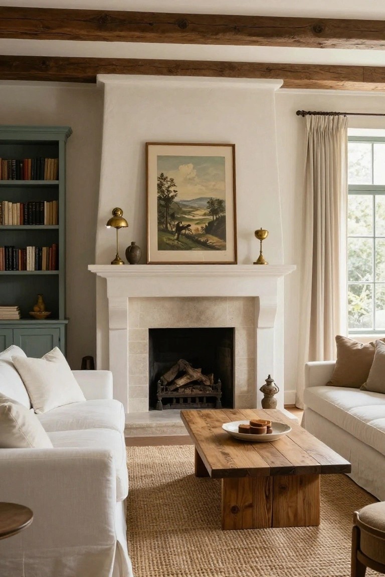 Living room interior with white stone fireplace and burning logs, white slipcovered sofa, wooden coffee table holding a plate, seagrass rug, teal bookcase, exposed wooden ceiling beams, and framed landscape painting above mantel.