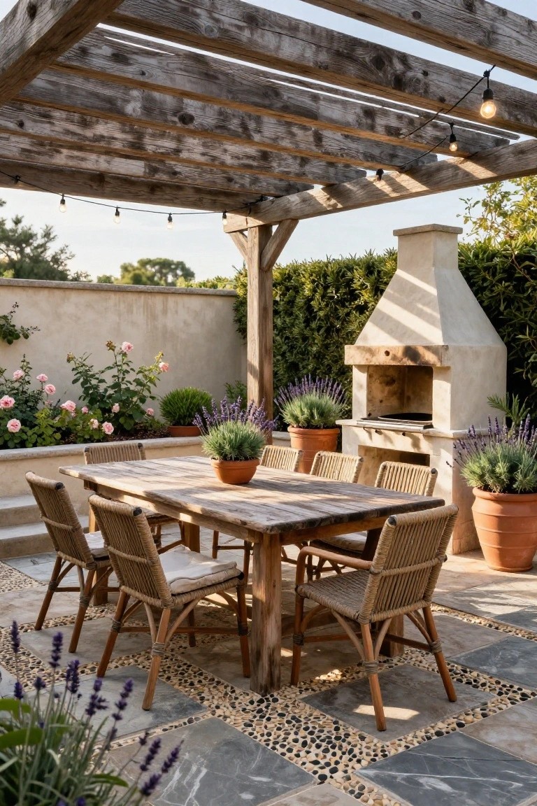 Wooden pergola shading a patio with rattan dining chairs around a weathered wooden table, adjacent to a built-in stucco BBQ fireplace, potted lavender and roses nearby, on slate tiles with pebble borders.