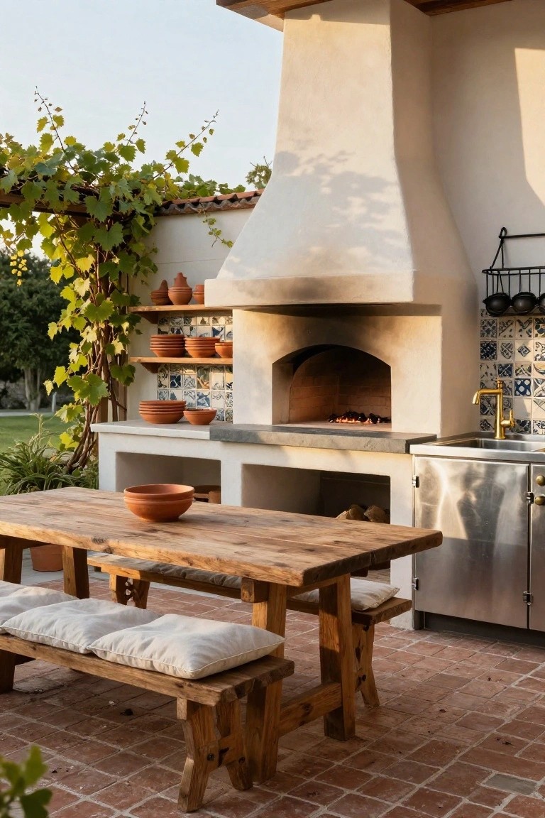 Outdoor kitchen on brick patio with built-in stucco wood-fired oven, blue-and-white tiled backsplash, stainless steel sink and cabinets, wooden dining table with benches, terracotta pots on shelves, and grapevines climbing the wall.