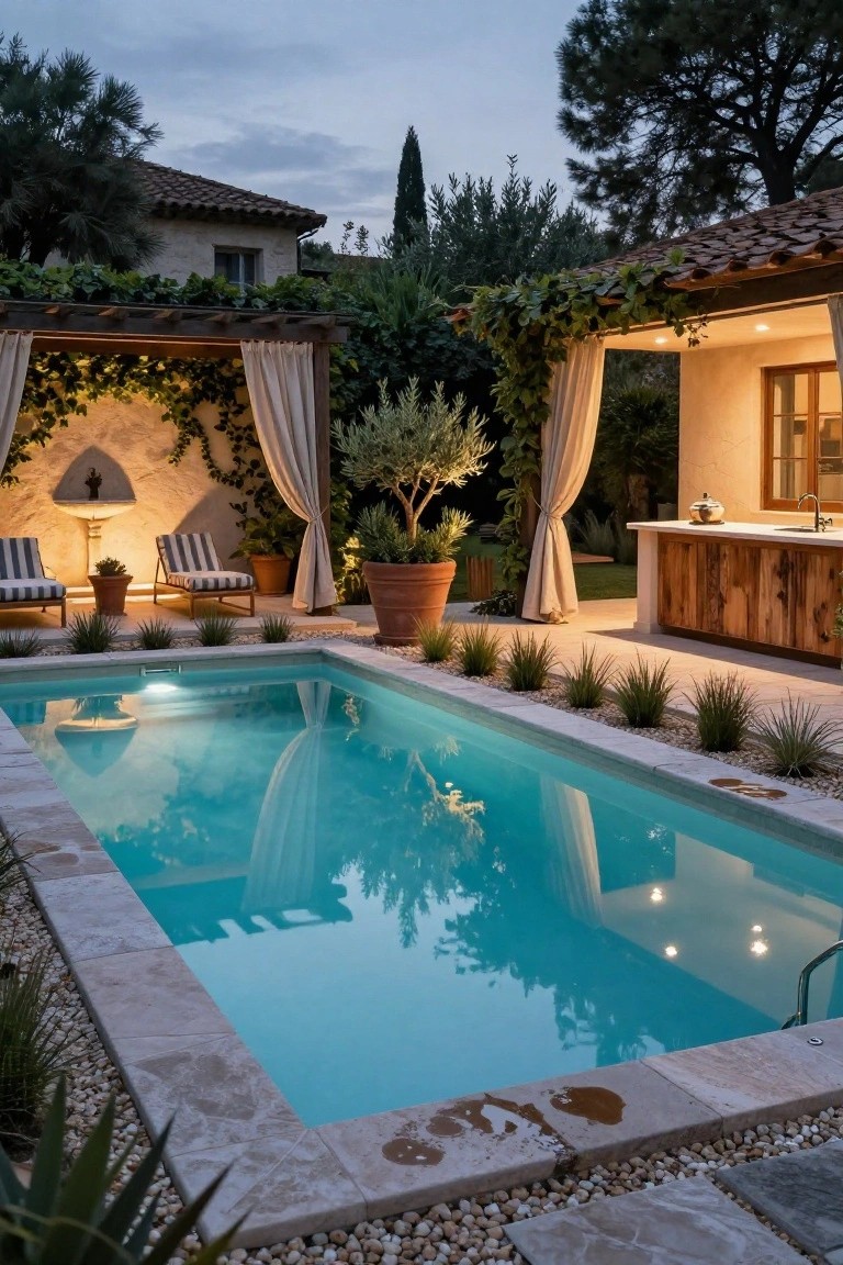 Rectangular turquoise pool with stone edging and pebble surround next to a vine-covered wooden pergola draped with white curtains, striped lounge chairs, potted plants, and a wooden outdoor kitchen in a garden at dusk.