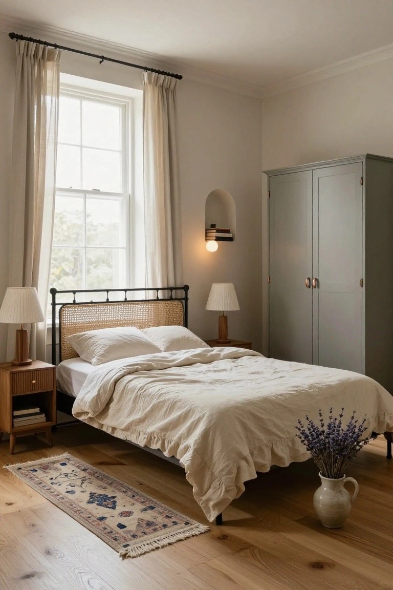 A bedroom with a black iron bed frame and rattan-woven headboard, white linen bedding, two wood nightstands with pleated lamps, a sage green wardrobe beside an arched wall niche, sheer curtains on a tall window, lavender stems in a vase, and a patterned runner rug on light wood floors.