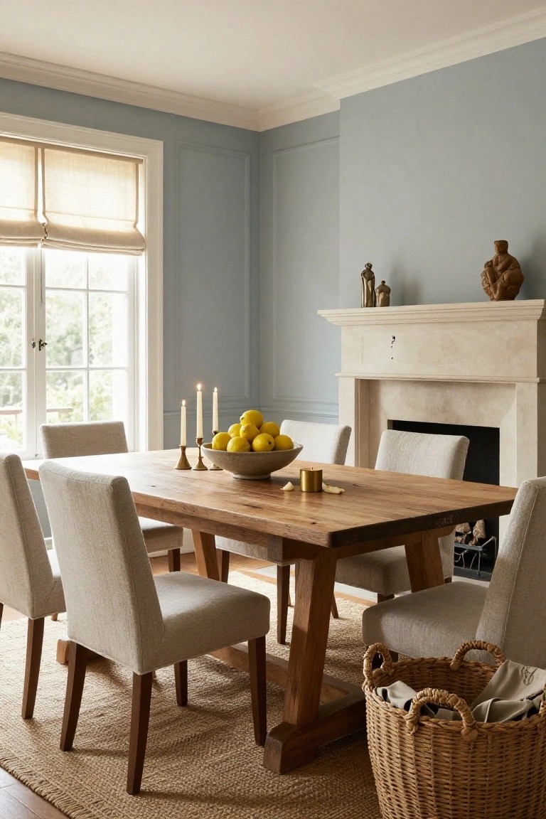 Light blue dining room corner with rectangular reclaimed wood trestle table, four cream upholstered chairs, stone fireplace, linen roman shades on multipane windows, bowl of lemons and candles on table.