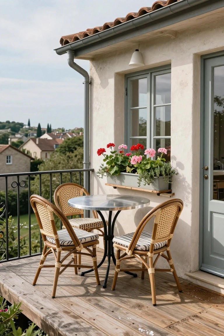 Balcony deck with small round silver metal table, four rattan chairs with white and gray striped cushions, black metal railing, beige stucco wall with window box of red and pink geraniums and herbs, blue door and window, overlooking green hillside and village rooftops.
