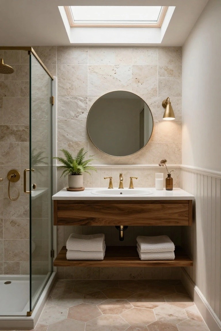 A compact bathroom with light travertine tile walls and hexagonal floor tiles, a floating walnut wood vanity and shelf with white towels, white sink with gold faucets, round gold mirror, glass shower enclosure, potted fern, and skylight above.