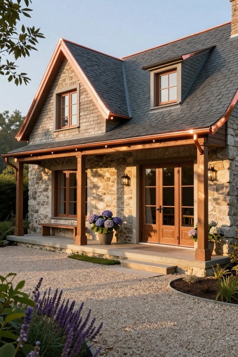 Front exterior of a stone house with slate roof, covered wooden porch supported by timber posts, bench, double wooden doors, wall lanterns, hydrangea pots, gravel path, and lavender plantings.