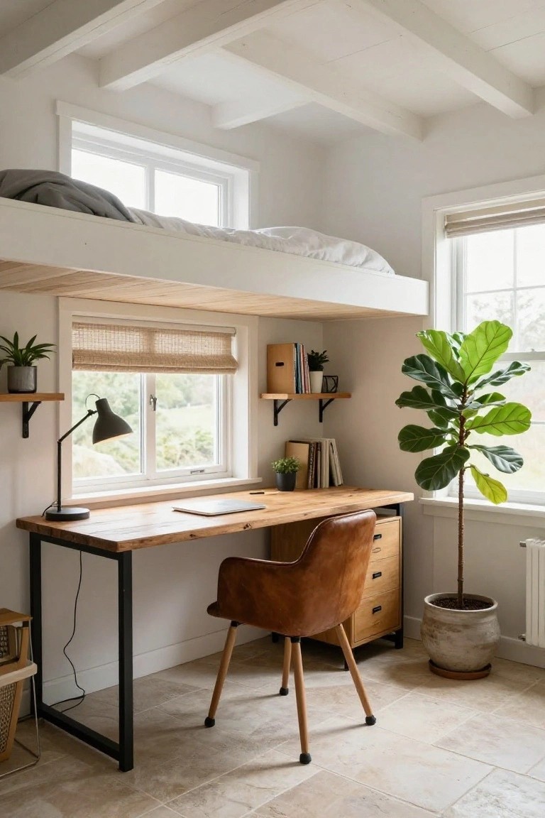 Small interior room with white walls and wood beams, a loft bed overhead, wooden desk with leather chair below, plants on shelves, and large windows with views outside.