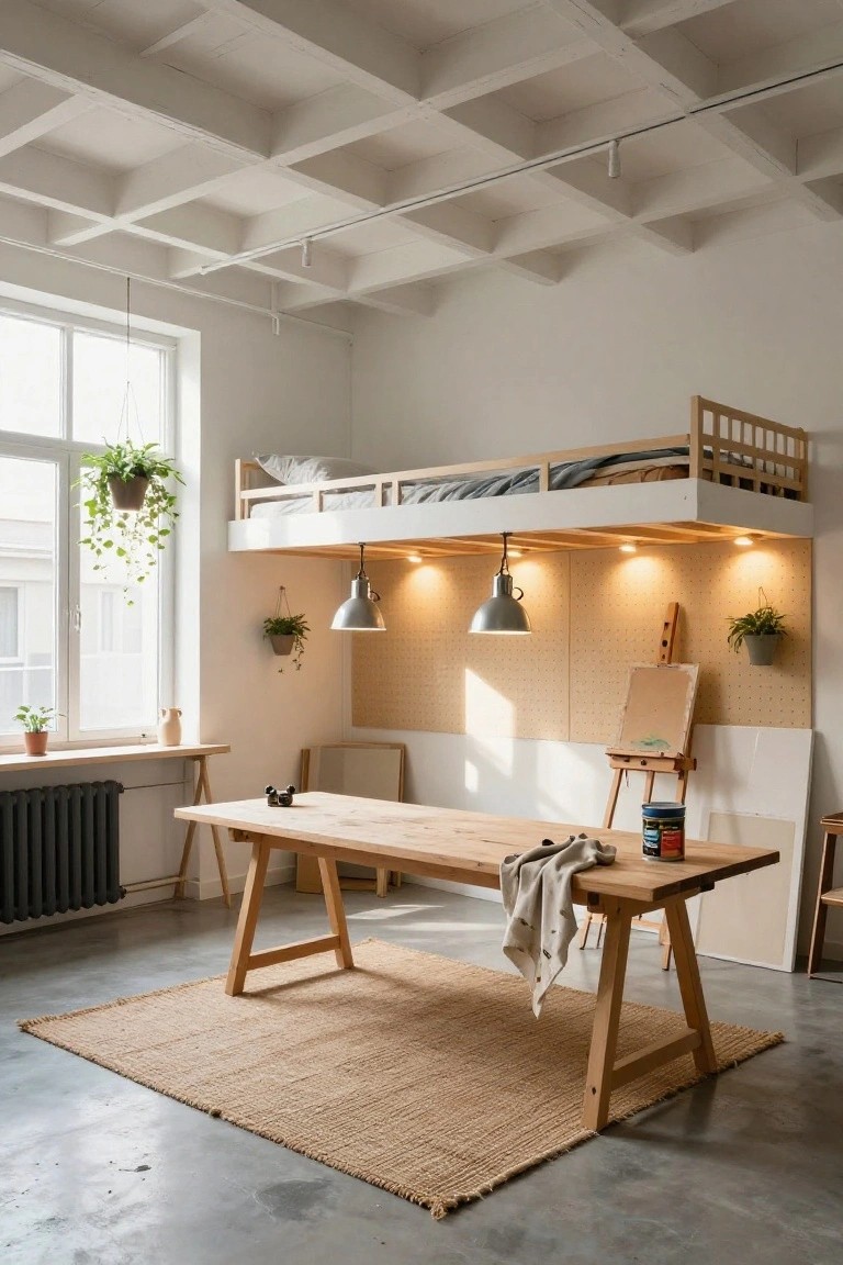 Interior photo of a white-walled loft studio with exposed beam ceiling, elevated wooden bed platform, wooden trestle table with art supplies below, easels, plants, and pendant lights.