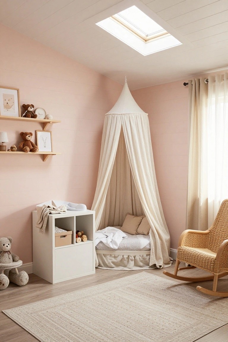 Pink shiplap-walled nursery with white canopy bed in corner, wooden rocking chair, white changing table with toys, shelves holding stuffed animals and decor, beige rug, and skylight overhead.