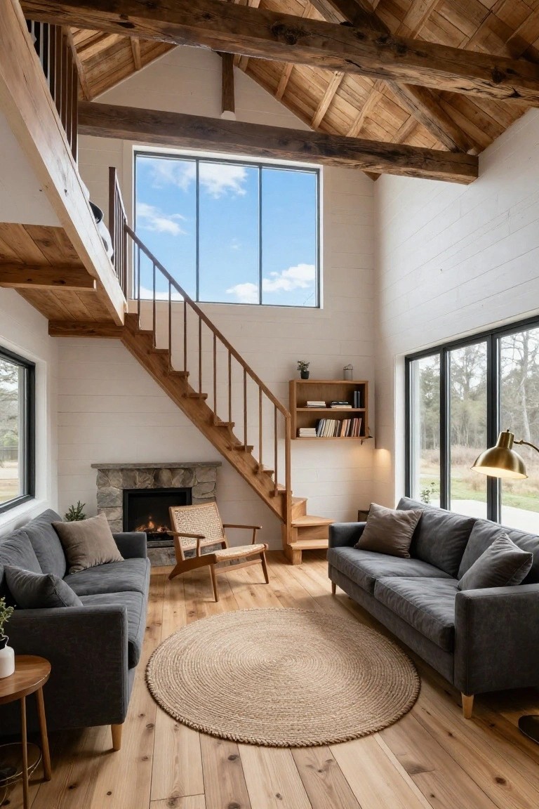 Interior view of a loft cabin living area with exposed wooden beams on vaulted ceiling, central wooden staircase to upper loft, gray sofas, rattan chair, stone fireplace, large windows showing woods outside.