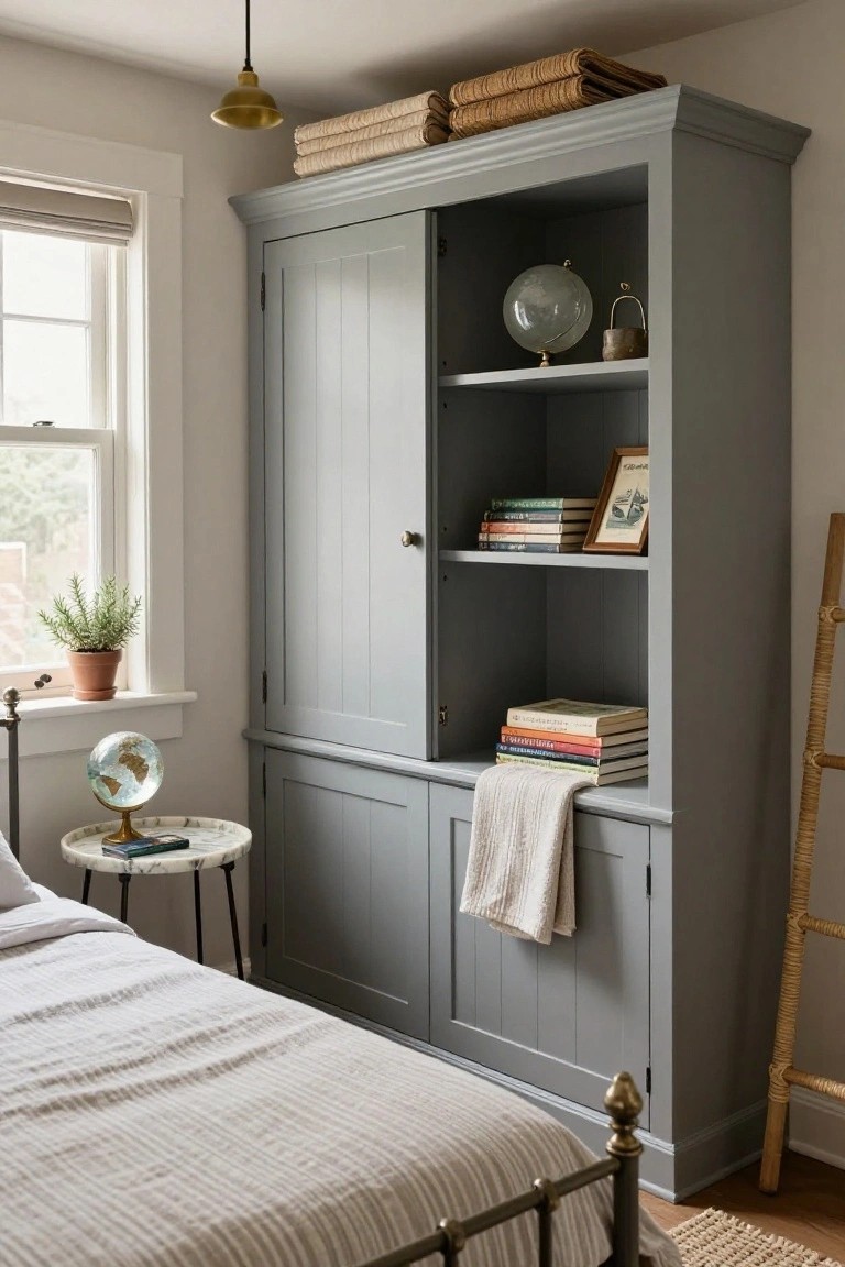 Tall gray wardrobe with open upper shelves holding books, a glass globe, and picture frames, positioned in a bedroom corner beside a bed with white striped linens and a marble-topped side table.