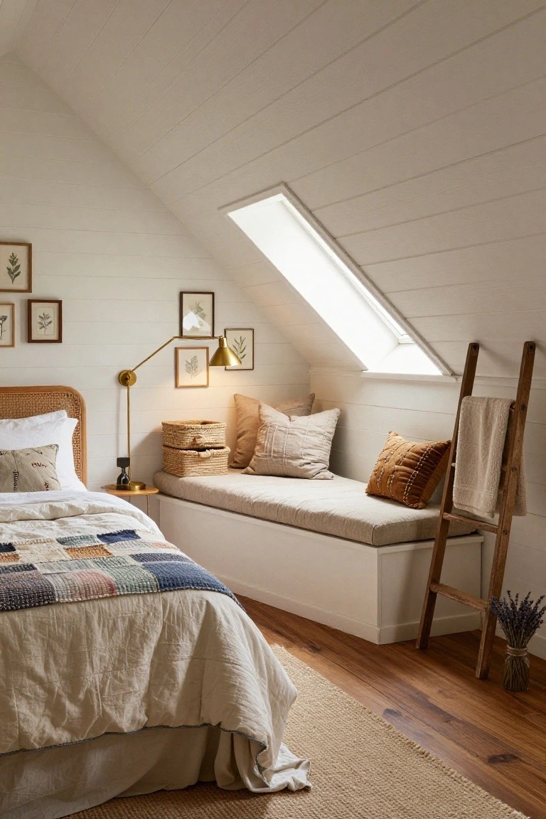 Attic bedroom featuring white shiplap walls and sloped ceiling with skylight, a built-in cushioned window bench with pillows, rattan headboard bed with quilt, wooden side table, and ladder beside the bench.