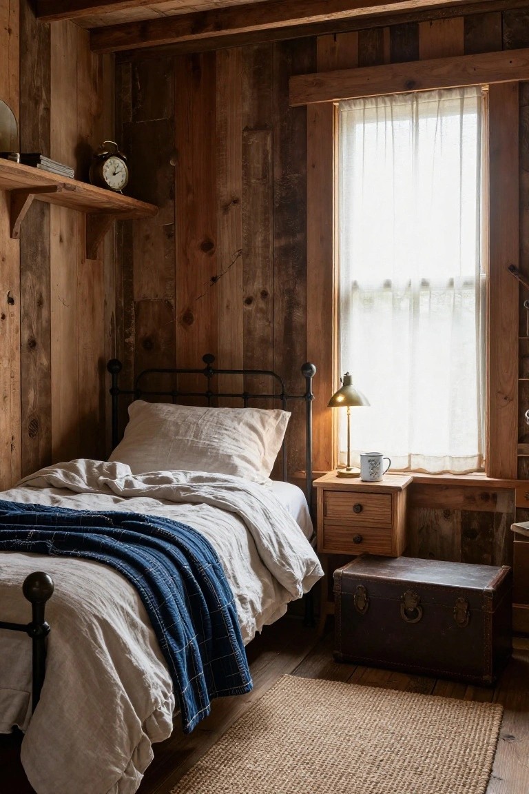 Small bedroom with vertical weathered wood plank walls and ceiling, black iron single bed with rumpled white linen sheets and blue blanket, wooden nightstand holding brass lamp and mug next to window with sheer curtains, trunk on floor.