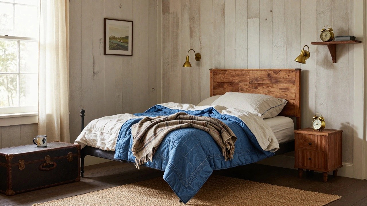Small bedroom with vertical weathered wood plank walls and ceiling, black iron single bed with rumpled white linen sheets and blue blanket, wooden nightstand holding brass lamp and mug next to window with sheer curtains, trunk on floor.