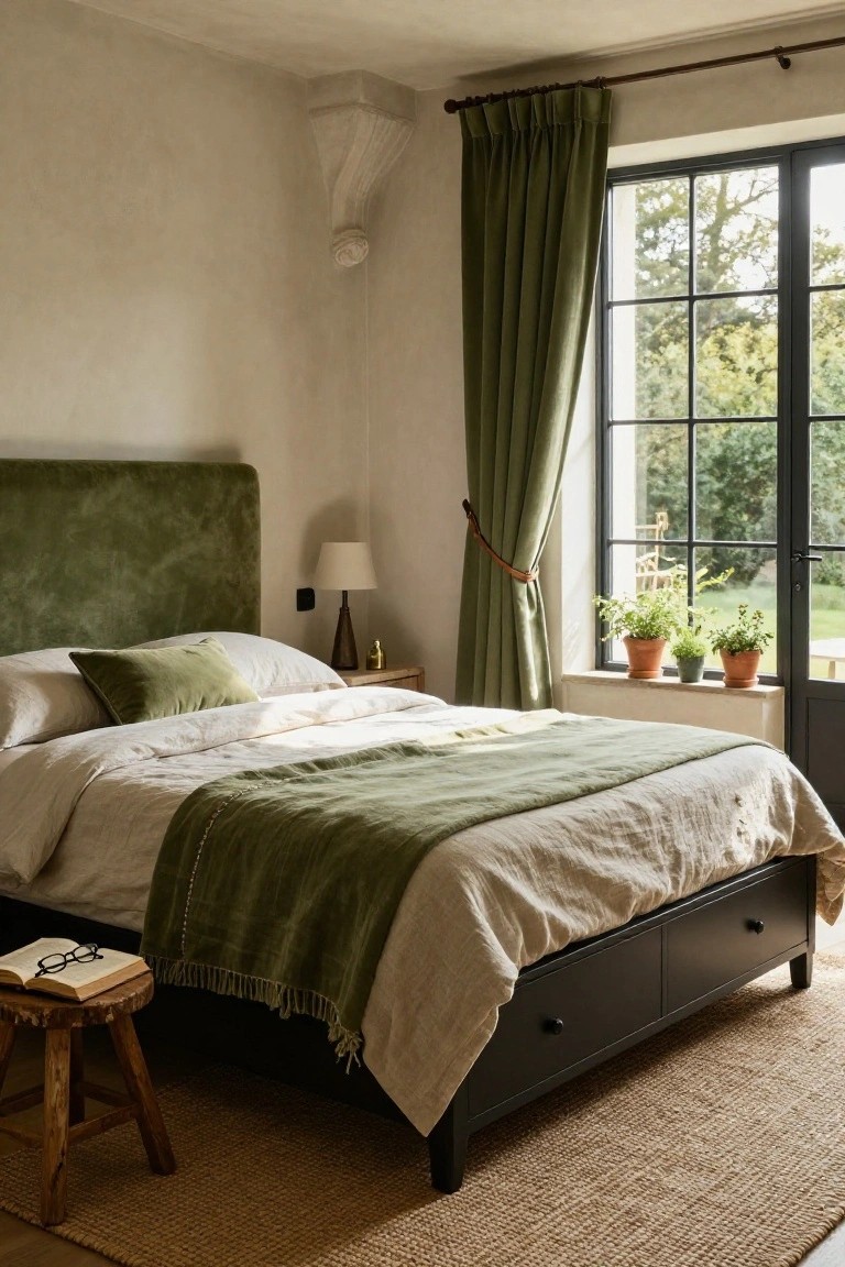 Bedroom interior featuring a green velvet upholstered headboard on a low black bed frame with white linens, green throw blanket, green velvet curtains on steel-framed windows overlooking a garden, potted herbs on windowsill, wooden stool with open book and glasses, seagrass rug, and table lamp on wooden nightstand.
