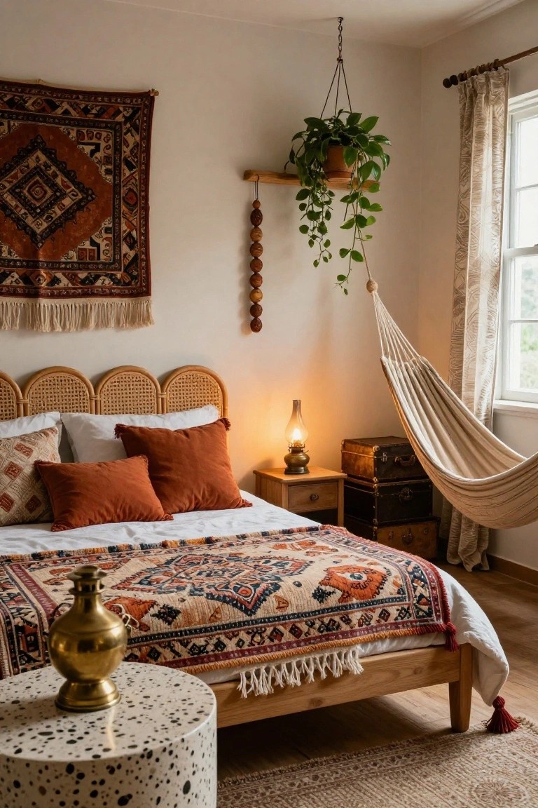 Bedroom with rattan headboard on wooden bed frame covered in patterned quilt and pillows, hanging white hammock nearby, orange tapestry on wall, potted hanging plant, brass lamp on nightstand, and speckled side table.