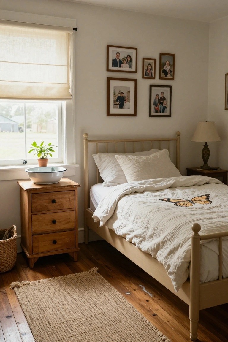 A sunlit bedroom with pale wood spindle bed covered in white linens and butterfly quilt, wooden nightstand with basin and plant, family photos on walls above, sheer shade on window showing yard view, jute rug on hardwood floor.