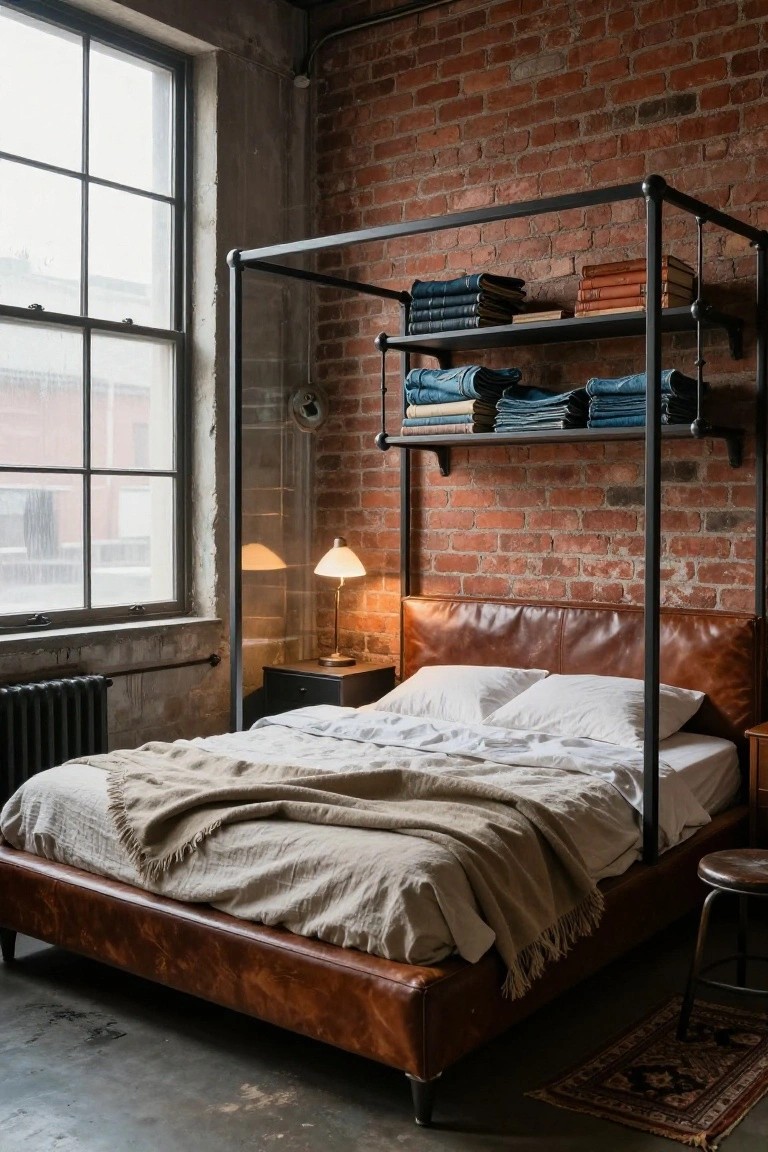A bedroom with tan leather bed framed by black metal canopy structure against exposed brick wall, shelves on frame holding books and clothes, bedside lamp, linen throw, and small rug on concrete floor.