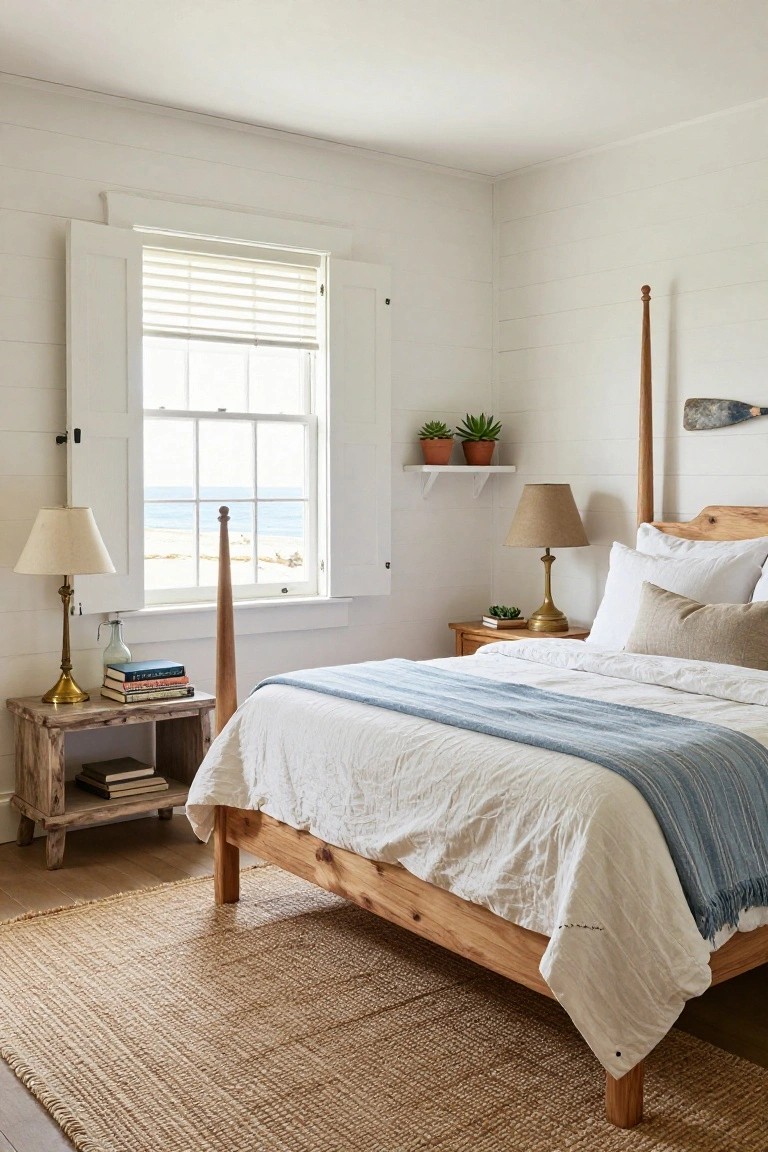 White shiplap-walled bedroom with wooden four-poster bed, blue throw blanket, nightstands with lamps and books, plants on shelf, open shutters on window overlooking ocean and beach.