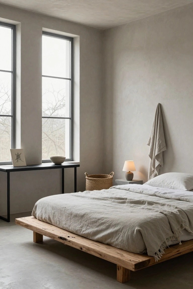 A minimalist bedroom with a low platform bed of natural unfinished wood covered in beige linen bedding and pillows, next to a black metal console table with a ceramic lamp, bowl, and woven basket, large windows showing bare trees, and light beige walls and concrete floor.