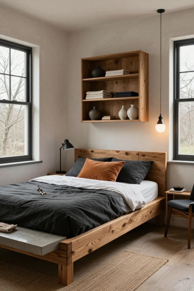 Corner bedroom with low wooden platform bed featuring gray linens and orange pillows, wall-mounted wooden shelves holding ceramics and linens, black-framed windows, desk lamp, pendant light, and chair.
