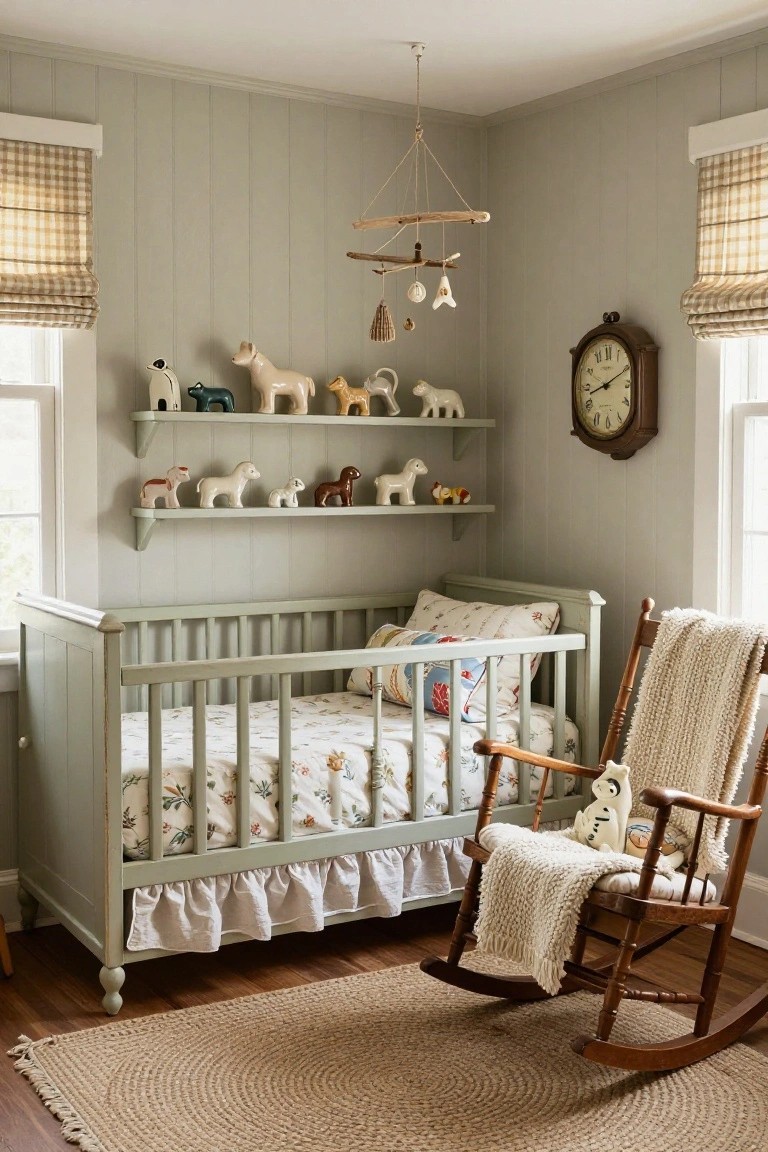 Corner nursery room with pale green shiplap walls, wooden floating shelves displaying ceramic animal figurines, sage green crib with floral bedding, wooden rocking chair draped in knitted blanket, driftwood mobile overhead, clock on wall, and plaid roman shades on windows.