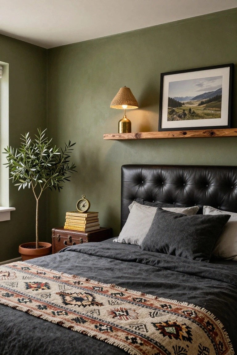 Bedroom interior with sage green textured walls, black leather tufted headboard, wooden floating shelf holding rattan lamp and framed mountain photo, potted olive tree, vintage suitcase side table with brass compass and stacked books, gray linens on bed, and colorful woven runner.