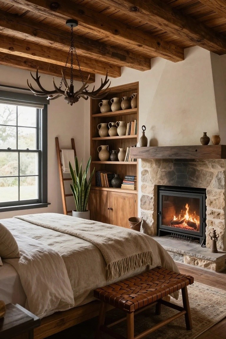 Rustic bedroom with a stone fireplace, wooden beamed ceiling, king bed with white linens and wool throw, leather bench, ladder with plant, shelves holding pottery jars, and window overlooking trees.
