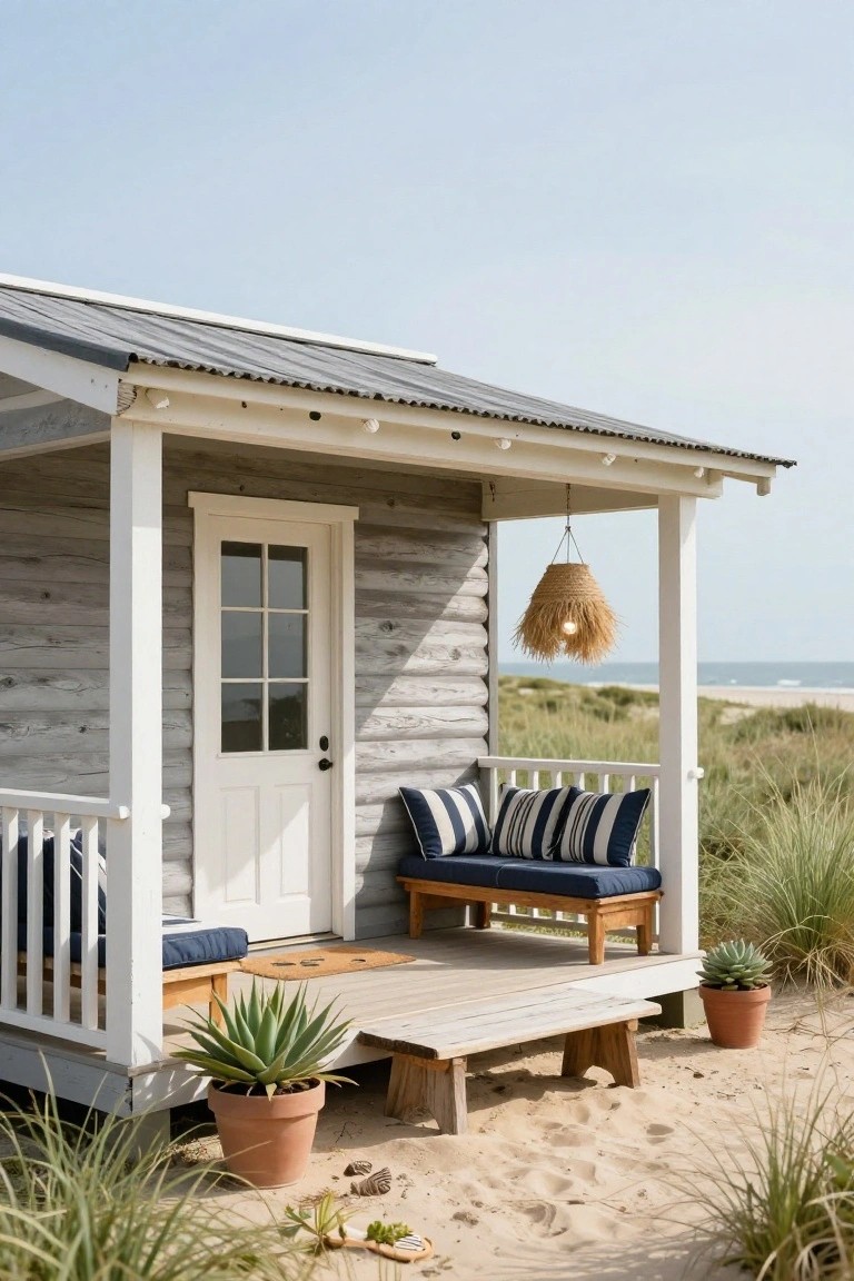 Gray plank-sided cabin with white porch posts and railing, wooden benches with blue striped cushions, hanging braided fiber lamp, potted agave plants, welcome mat, on sandy beach dunes with sea grass and ocean view.