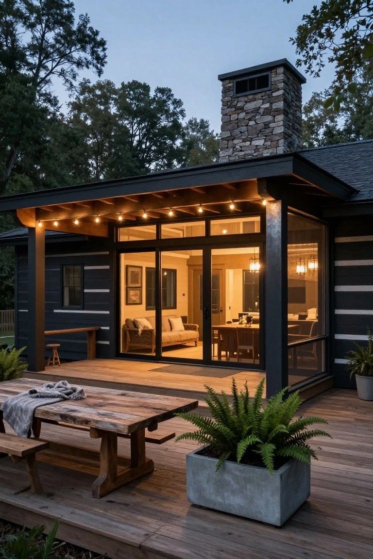 Rear exterior of a dark-shingled log cabin home at dusk with a covered porch strung with lights, wooden deck holding a rustic picnic table and benches with a draped blanket, adjacent screened porch with glass doors to lit interior, potted ferns, and trees in background.
