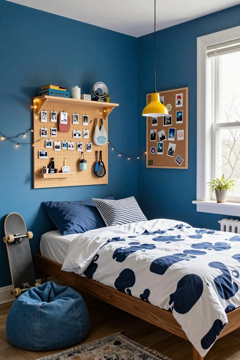 A cozy navy blue bedroom with a large wooden pegboard wall organizer strung with fairy lights and holding photos, clips, bags, and accessories, next to a bed with white duvet and blue polka dot blanket, a skateboard, bean bag chair, and yellow pendant light.