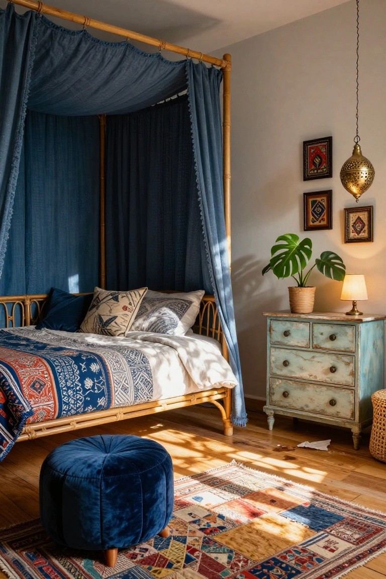 A sunlit bedroom with a rattan four-poster bed draped in blue fabric, colorful patterned bedding, turquoise dresser, monstera plant, velvet ottoman, and woven rug on hardwood floors.
