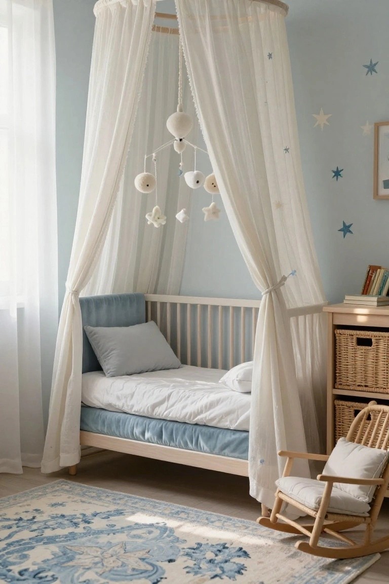 Pale blue nursery with white wooden crib under sheer white canopy, hanging mobile with white animals and stars, blue velvet headboard and bedding, wooden rocking chair with white cushion, blue patterned rug, and wicker baskets on wooden dresser.
