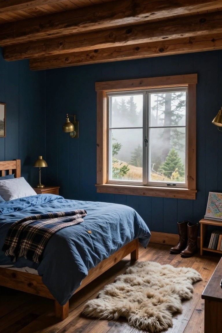 A cozy bedroom featuring navy blue paneled walls, exposed wooden ceiling beams, a wooden bed with white pillows blue duvet and plaid throw, brass lamps, tall leather boots by a wooden side table with map, large window showing misty forest and trees, and a white sheepskin rug on wooden floors.