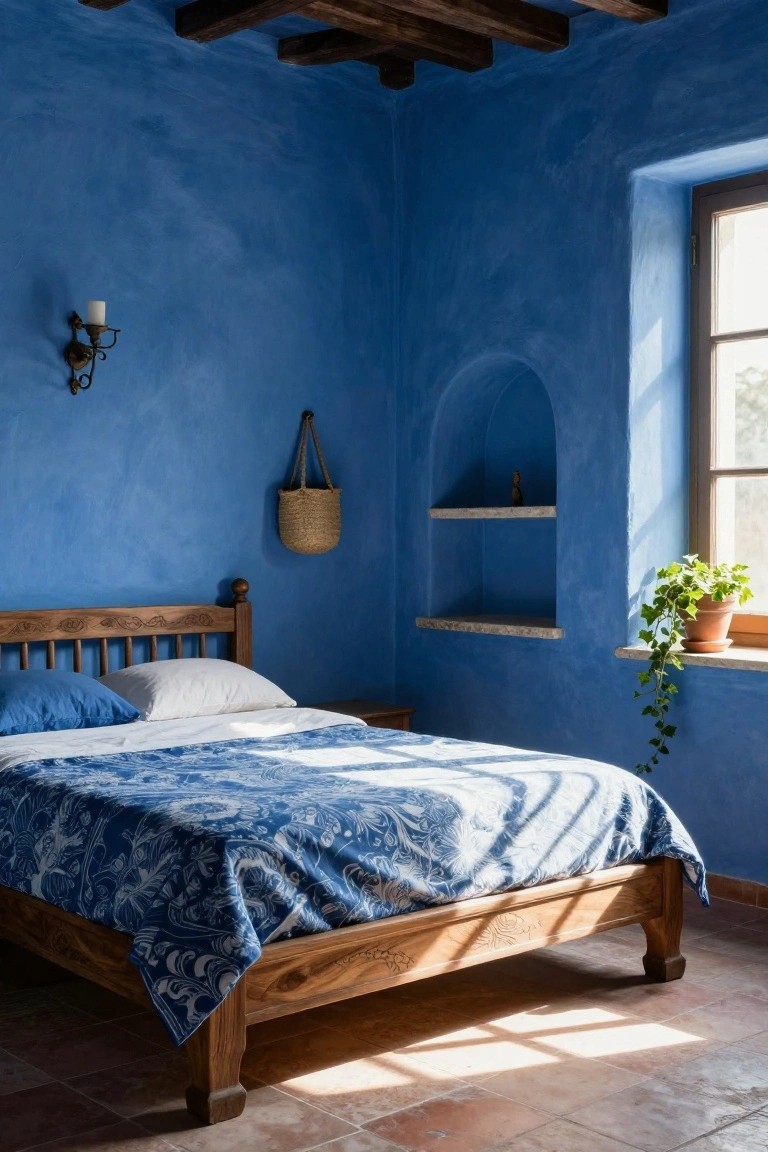 A cozy bedroom featuring deep blue textured plaster walls, exposed wooden ceiling beams, a wooden bed with blue floral duvet and white pillows, wall-mounted candle sconce, hanging woven basket, arched niche shelf with small statue, and potted ivy plant on windowsill with terracotta tile floor.