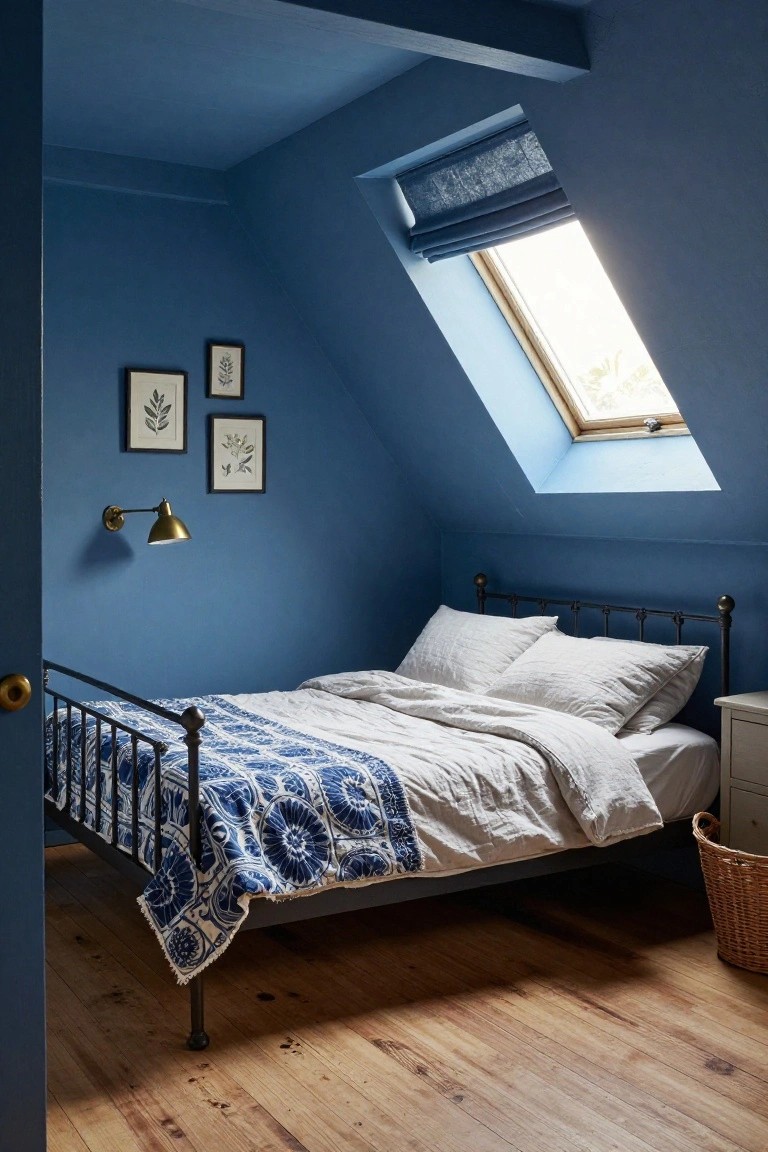 Small attic bedroom with deep blue painted walls and sloped ceiling, skylight with blue blind, iron bed frame with blue patterned duvet and white sheets, white bedside table, brass wall lamp, three botanical prints, wicker basket, and wooden floor.