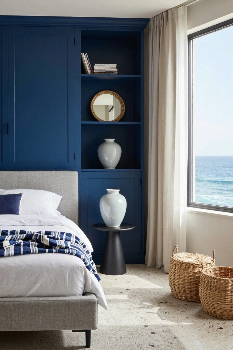 Bedroom interior with deep navy blue walls and built-in cabinetry featuring shelves with books, a rattan mirror, and white ceramic vases, next to a gray upholstered bed with white sheets and navy striped throw, a black side table, wicker baskets on a terrazzo floor, and large window with sheer curtains overlooking the ocean.