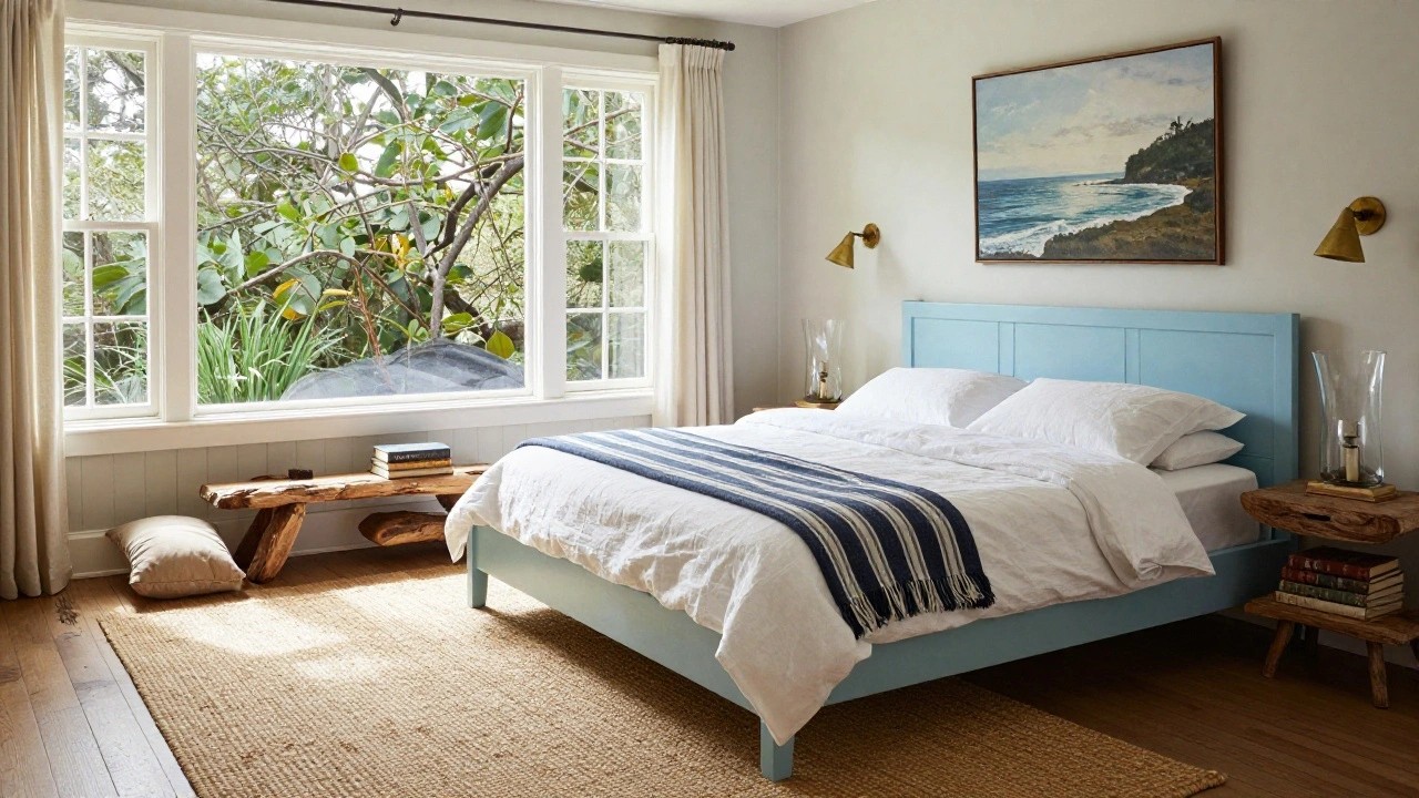 Sunlit bedroom corner with light blue paneled wooden bed frame, white bedding with navy striped throw, wooden nightstands and bench with books, jute rug on hardwood floor, sheer curtains on large window showing greenery outside.