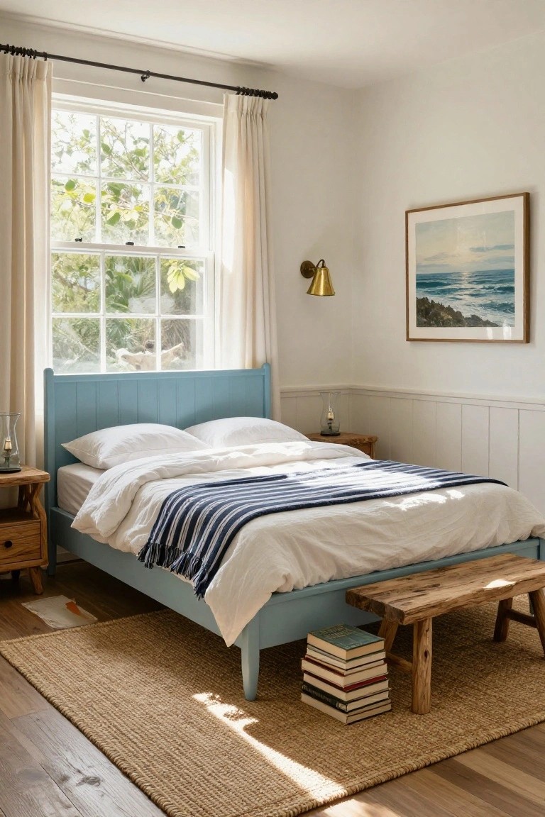 Sunlit bedroom corner with light blue paneled wooden bed frame, white bedding with navy striped throw, wooden nightstands and bench with books, jute rug on hardwood floor, sheer curtains on large window showing greenery outside.