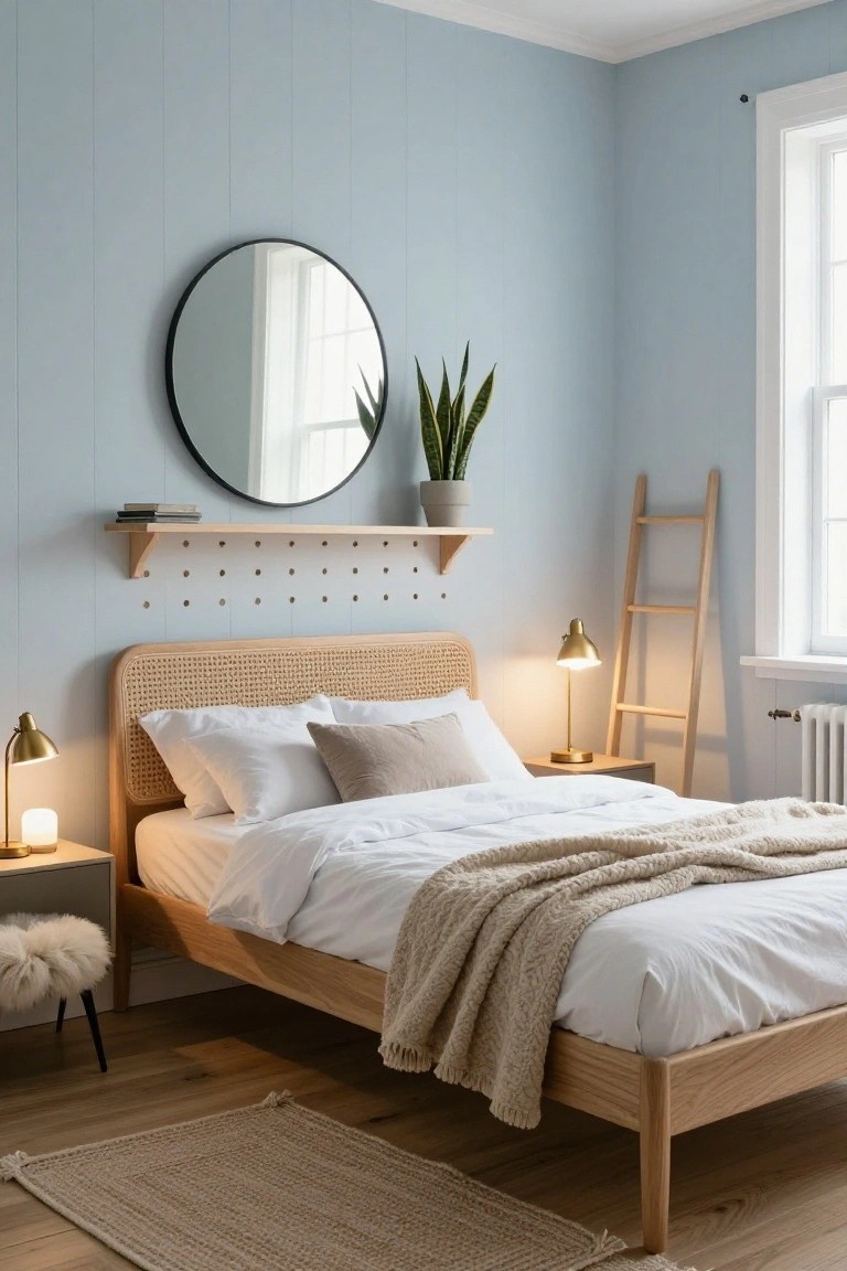 Light blue vertically paneled walls in a bedroom with a rattan headboard bed dressed in white bedding and a cream throw, flanked by gold lamps on nightstands, a wooden ladder shelf, round black mirror with snake plant, wooden stool, and beige rug on wood floor.