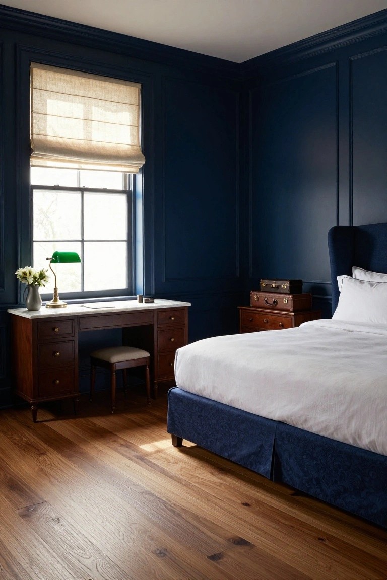 A bedroom featuring navy blue paneled walls, a wooden desk with green banker's lamp and white flowers near a window with linen shade, wooden side tables with leather luggage, blue tufted bed with white linens, and oak hardwood floors.