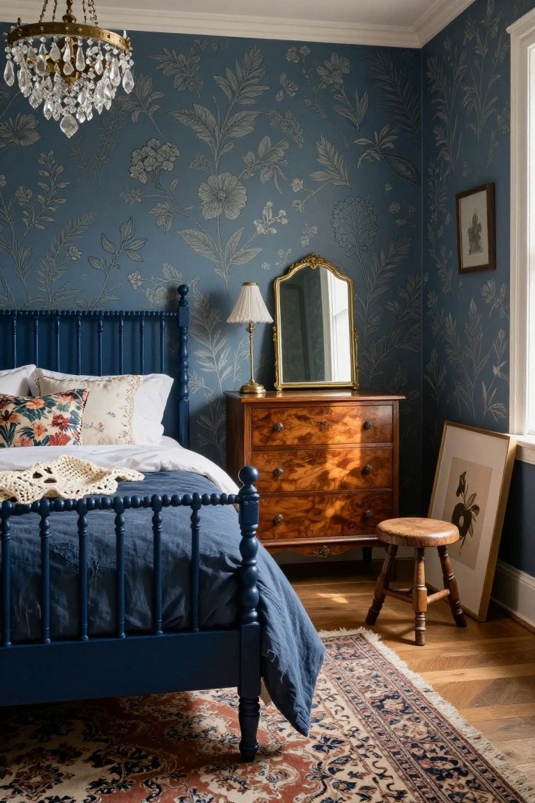 Bedroom with navy blue spindle bed frame, blue floral wallpaper on walls, antique wood dresser with gold mirror, small stool, artwork, chandelier, and Persian-style rug on wood floor.