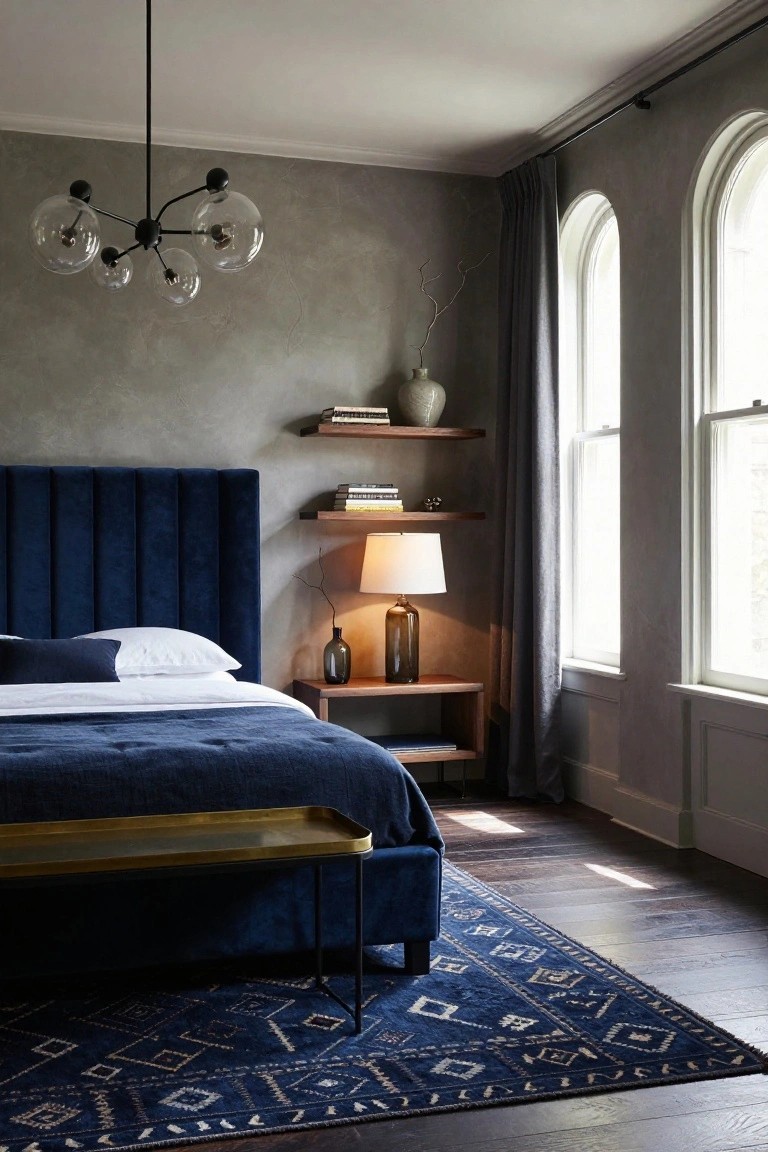Bedroom interior with navy blue velvet tufted headboard on a bed with white pillows and navy duvet, wood nightstand with lamp and vase, floating wood shelves with books and ceramics, gray curtains on arched windows, brass bench at bed foot, blue patterned rug on wood floor.